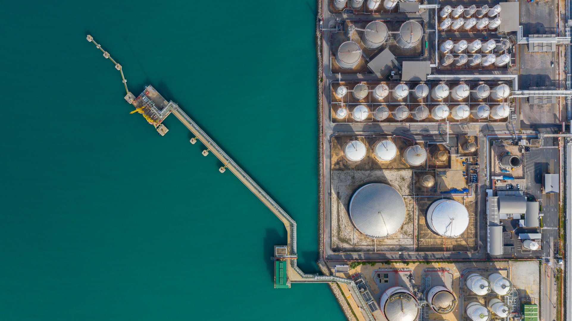 Aerial view of tank farm oil and gas terminal