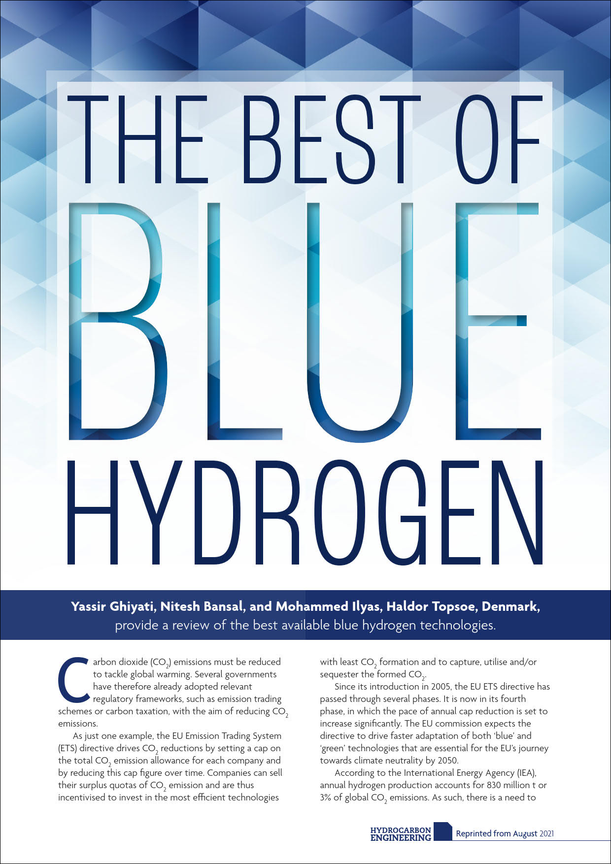 The best of blue hydrogen technologies - article in HCE Aug 2021