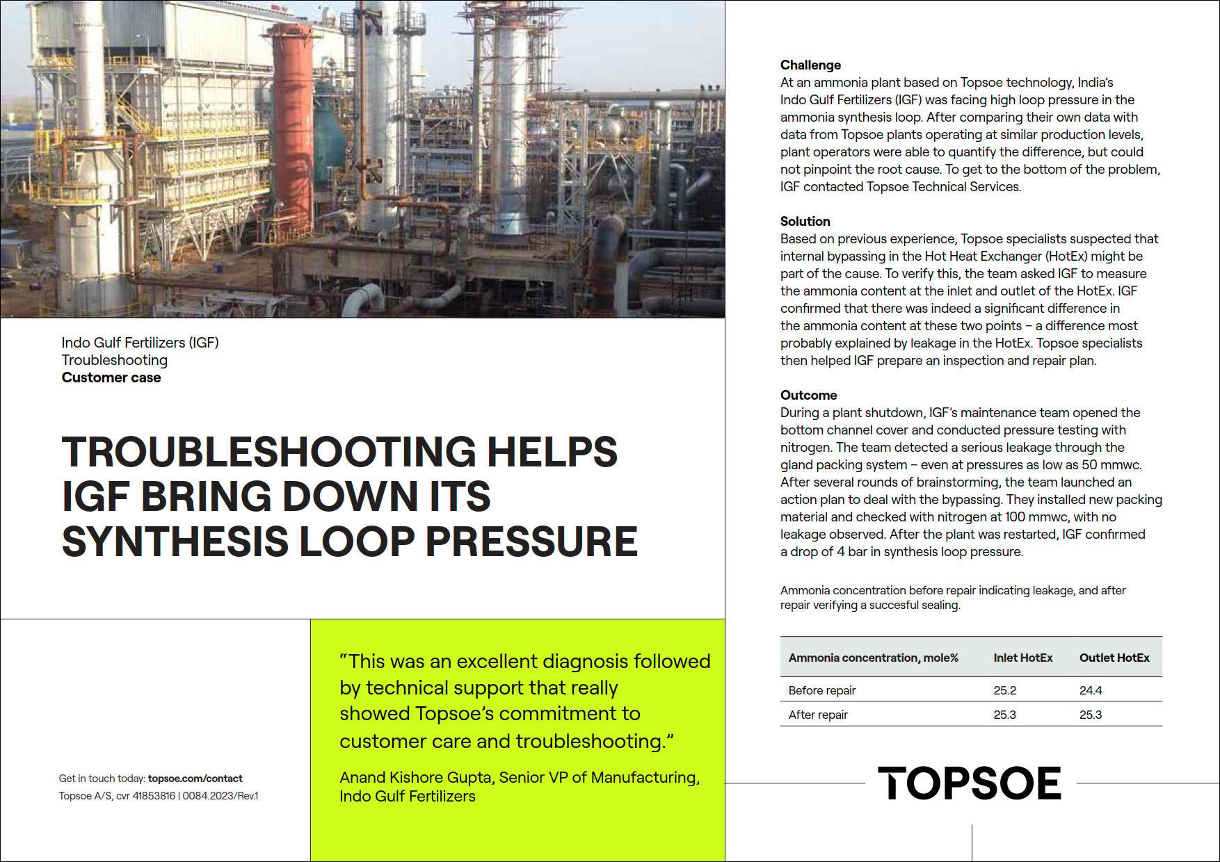 Troubleshooting helps IGF bring down its synthesis loop pressure