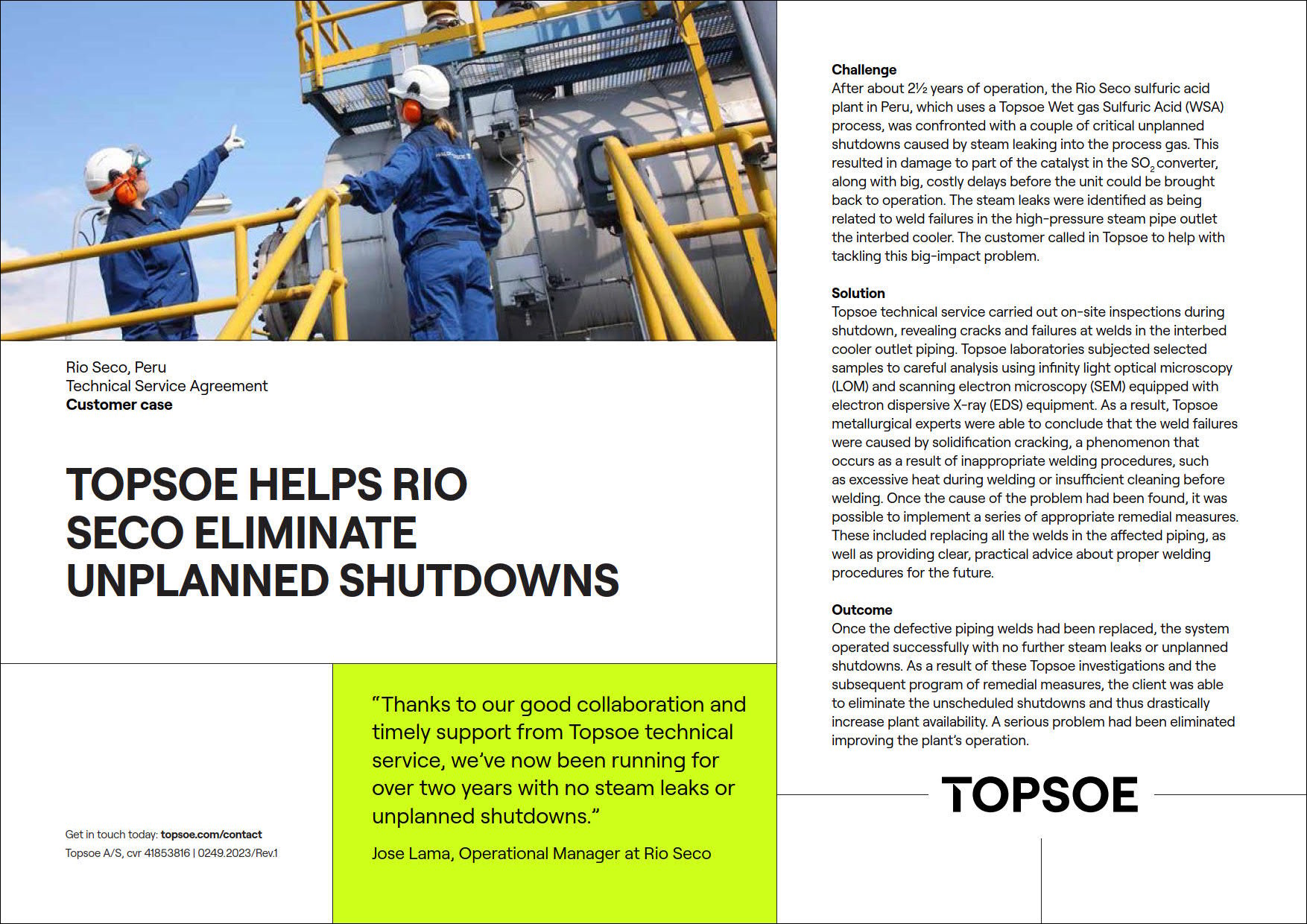 Topsoe helps Rio Seco eliminate unplanned shutdowns